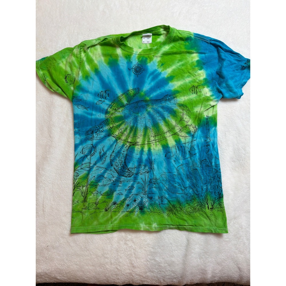 Colortone Men Tie Dye Sea Turtle Graphic T-Shirt Green Blue St Thomas Size M